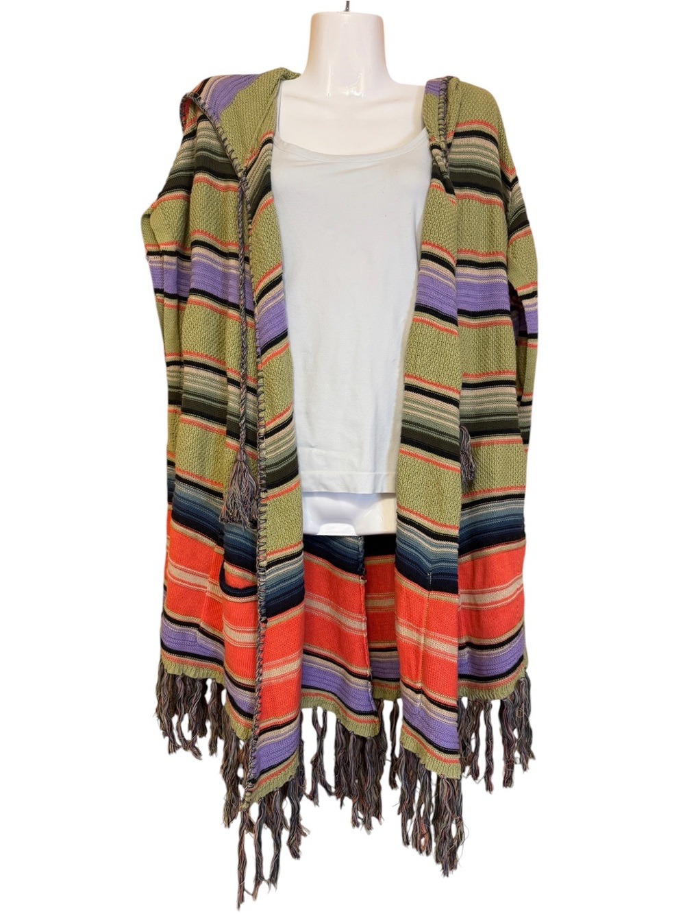 Anthropologie Moth Hooded Striped Knit Fringe Cardigan Sweater XS/S Boho